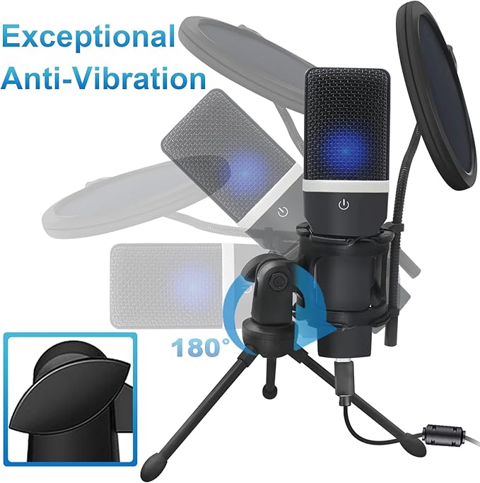 YOTOMIGUO USB Gaming Microphone, Condenser Microphone, Podcast Microphone for PC, Plug & Play, Cardioid Polar Pattern, One-Touch Mute, for Streaming, Podcast, YouTube Videos