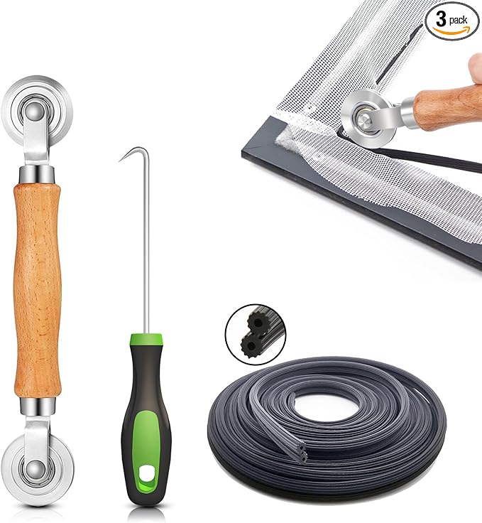 King&Charles Screen Repair Kit/Tool, Screen Roller Tool, Steel Roller with Bear, 32 ft Spline, Removal Hook, 3 in 1 Window Repair Kit, for Installing Door Window Mesh.