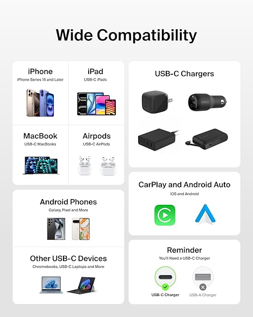 Belkin USB C to USB C Cable 2-Pack, 9.9ft, 60W - Type C Charger, iPhone Charger Cord, Soft, Braided, Flexible for iPhone 17, Galaxy S25, Pixel 10, Airpods, iPad Pro & More, Travel Essentials - White