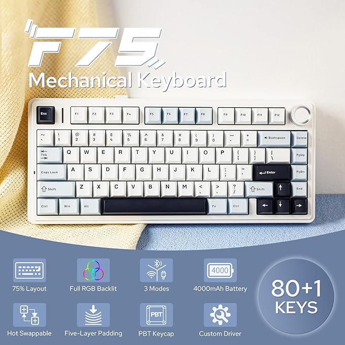 EPOMAKER x Aula F75 Gasket Mechanical Keyboard, 75% Wireless Hot Swappable Gaming Keyboard with Five-Layer Padding&Knob, BT/2.4GHz/USB-C, RGB (Light Blue, Ice Vein Switch)