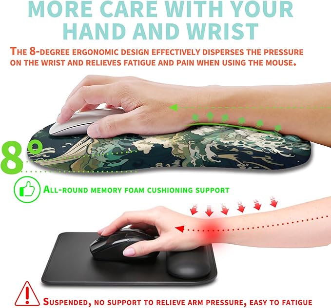Kuosgm Ergonomic Mouse Pad Wrist Support with Memory Foam Massage Bulge, Carpal Tunnel Pain Relief Mousepad Wrist Rest for Mouse(12x8 inch, Sea Wave)