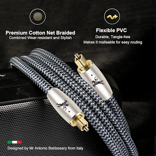 Impeto Premium Fiber Optic Audio Cable 9.8ft (3m) | Toslink S/PDIF | 24K Gold-Plated | Glass Core | for Soundbars, TVs, PS5, Xbox