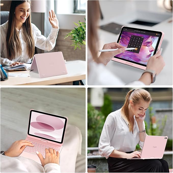typecase Touch iPad 11th 10th Generation Case with Keyboard (11" 2025, A16 & 10.9" 2022) – 360° Rotatable, 11-Color Backlit, Multi-Touch Trackpad, Pencil Holder, Thin & Light – Light Pink