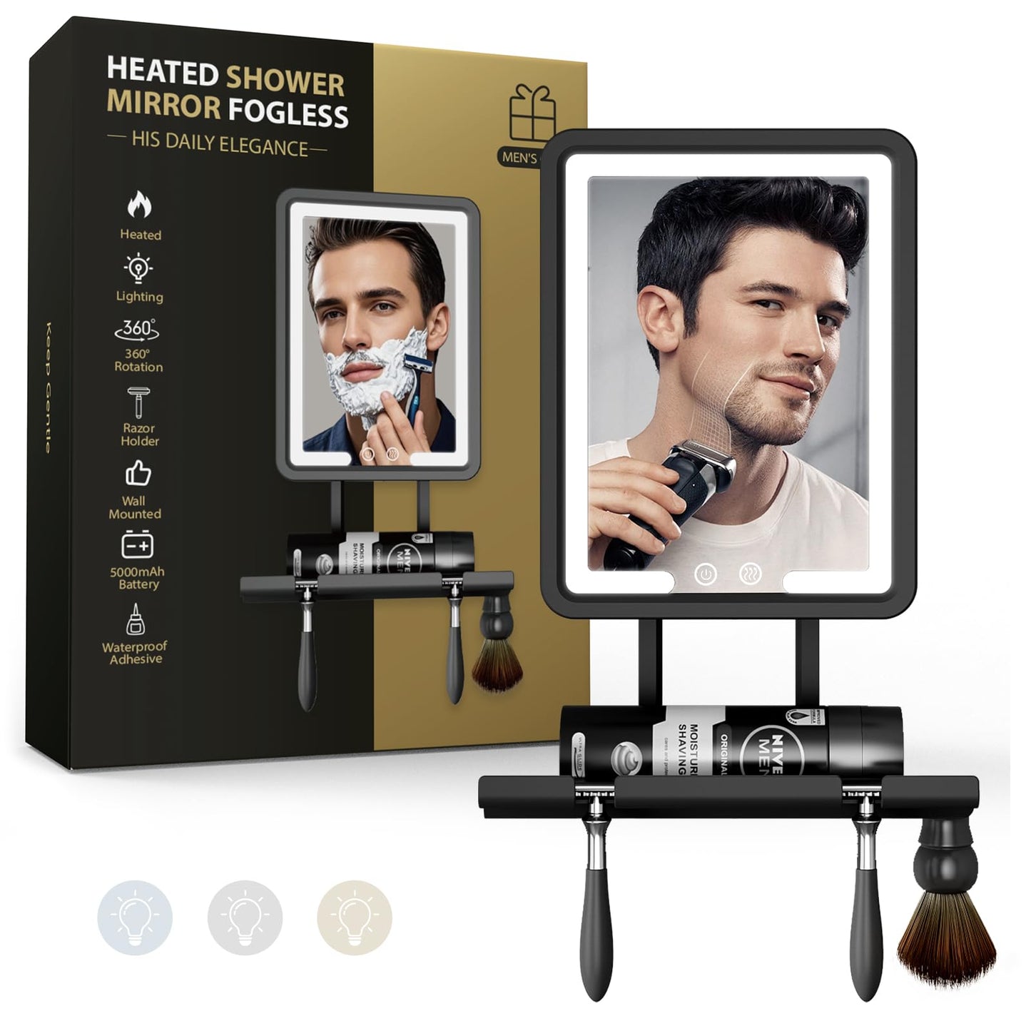 Quick Clear Shower Mirror Fogless for Shaving with Light - Electric Heated Shaving Mirror, No Water Needed, Rechargeable Anti Fog Bathroom Mirror, Dual Mount Installation, IPX4 Waterproof