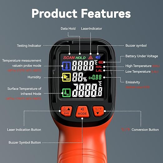 Laser Thermometer -58°F to 1796°F, Dual-Mode Infrared Thermometer Temperature Gun with K-Type Thermocouple, IR Thermometer Gun for Reptiles, Cooking, Griddle, Oven, 16:1 Home Handheld Temp Guns