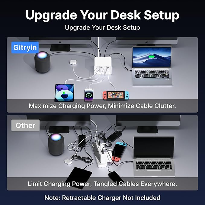 Gitryin 1 Lightning, 4 Type-C Retractable Wall Chargers with 1 USB A Port and and 1 Power Strip, Desktop Modular Charging Station