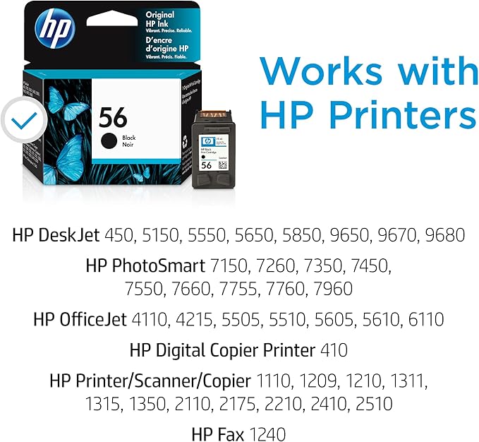 HP 56 Black Ink Cartridge | Works DeskJet 450, 5000, 9600; PhotoSmart 7000; OfficeJet 4000, 5000, 6110; Digital Coper Printer 410; PSC 1000, 2000; Fax 1240 Series | C6656AN