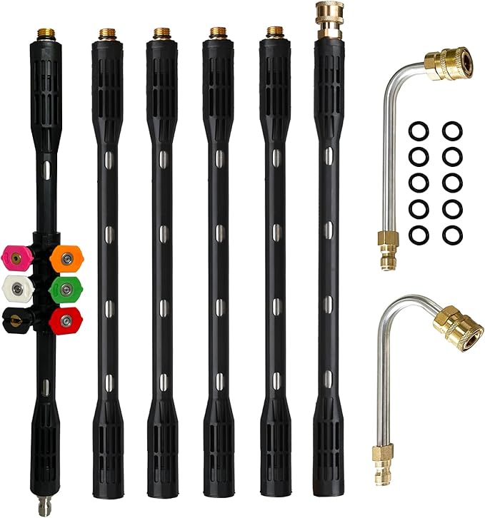 Pressure Washer Gutter Cleaning Tools, Upgrade Power Washer Extension Wand with 6 Nozzle Tips, Replacement Power washer Lance with 1/4" Quick Connect 90Â°, 120Â° curved rod, 4000 PSI