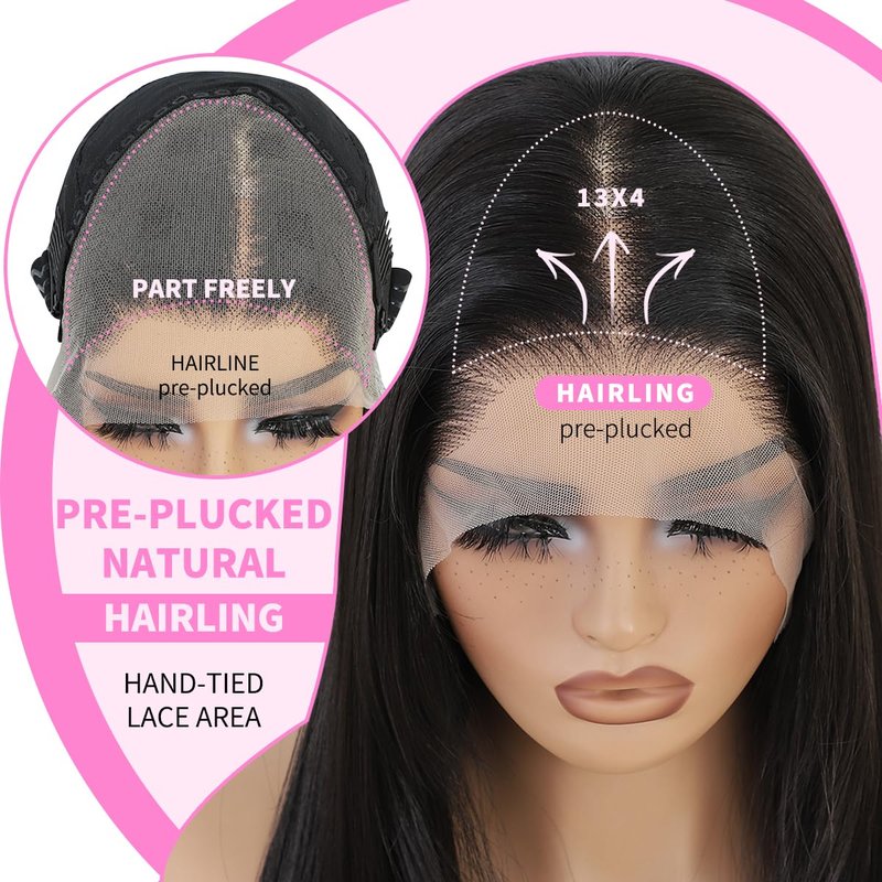 Synthetic Lace Front Wigs Pre Plucked 13x4 HD Lace Black Wigs For Women 26 Inch Long Layered Straight Wigs 100% Futura Premium Fiber Wig With Bangs Ready to Wear Beginner Friendly Daily Use