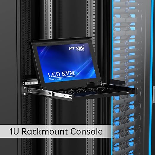 MT-VIKI Rack Mount KVM Console w/15.6" LCD Monitor, 8 Port HDMI KVM Switch, 1920x1080@60Hz 1U Integrated Monitor Keyboard, Fits 18.9" to 31.5" Deep Racks (480-800mm), Included 8 Cables