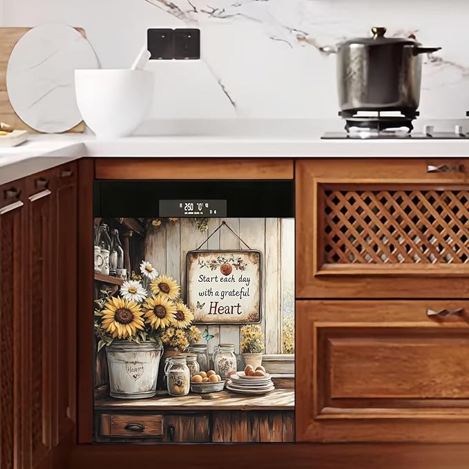 Generic Pastoral Style Sunflower Dishwasher Magnet Cover Kitchen Decor,Wood Grain Daisy Butterfly Dishwasher Sticker,Inspiring Quotes Refrigerator Panel Decals,Home Appliances Magnetic 23x26