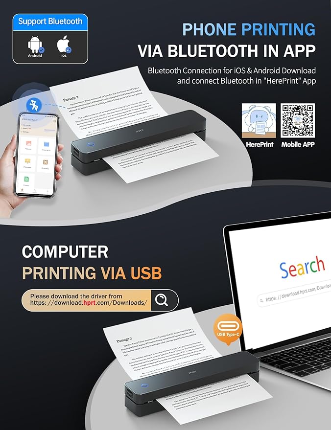 PRT MT610 Inkless Thermal Printer, Wireless Phone Bluetooth, Laptop USB PC
