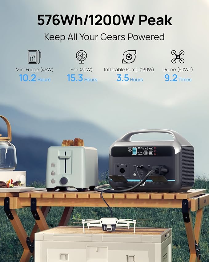 DaranEner Portable Power Station 600W(1200W Peak), 576Wh Solar Generator, LiFePO4 Battery 1.5Hour Fast Charging, Power Bank for Home & Emergency Backup, Hurricane, CPAP (Solar Optional)