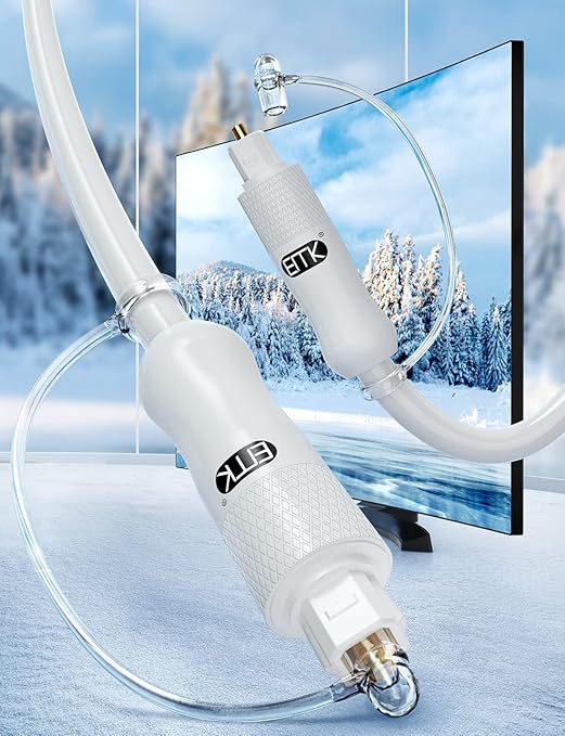 EMK White Optical Audio Cable [25ft/8M] - Digital SPDIF Toslink Fiber Optic Cable for Sound Bar, TV, Home Theater, Blu-ray Player - White, High-Speed, Low-Loss, Gold-Plated Connectors