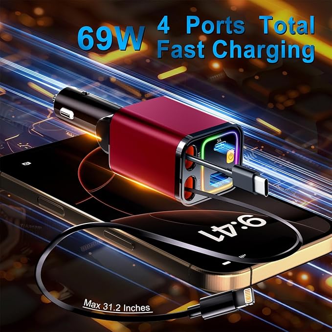 4 in 1 Retractable Car Charger,69W USB-C Fast Car Charger, for iPhone16/15/14/13/12,Cigarette Lighter Charger (Grey, for Apple+Type C &RGB Breathing Light [Red])