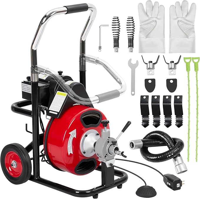 Garvee K-300ZF 3/8 in 75 ft 1 red&black Electric Drain Cleaner Machine - Automatic Auger for 1 to 4 in Pipes, Portable Design, 4 Cutters, Foot Switch Control, and Includes Gloves.
