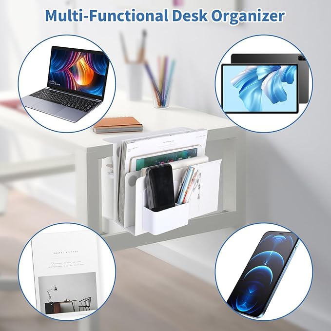 osseph 2 Tier Desk Side Storage Organizer, Under Desk Laptop Holder with Magnetic Pen Holder, No Drill Hanging Desks Caddy for Office & Home, Clamp On Desk Shelf for Tablet, Files, Accessories(White)