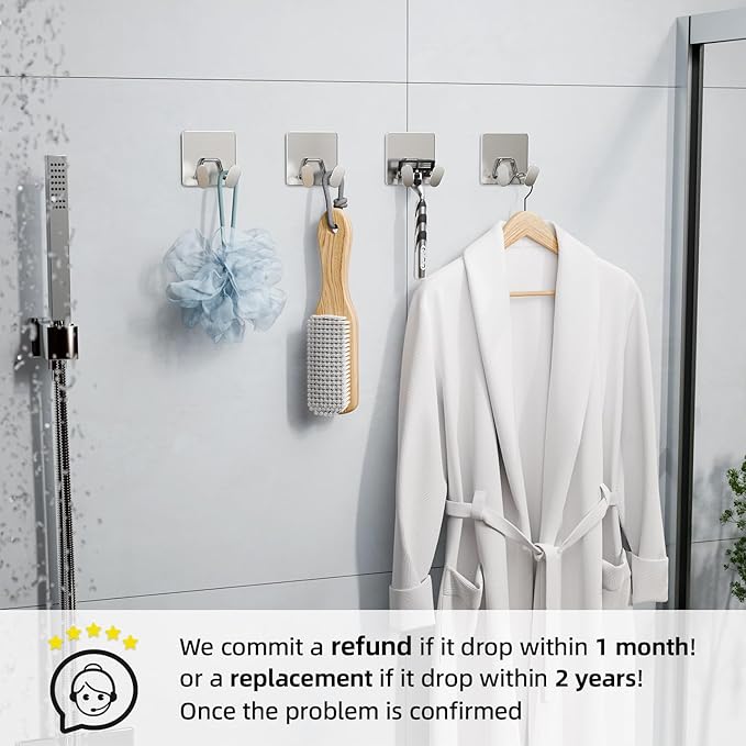 susswiff Shower Hooks for Inside Shower - Extra Sticky Stainless, Razor Holder Accessories, Wall Mounted Self-Adhesive Double Hooks for Razor, Loofah, Towel, Shaver, Coat, Key, Silver 6 Pack
