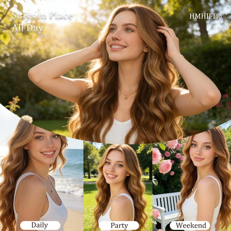 HMHIFI Long Brown Mixed Blonde Wigs for Women Highlights Blonde Wig Natural Middle Part Synthetic Curly Hair Heat Resistant Fiber Hair Replacement Wigs for Daily Party