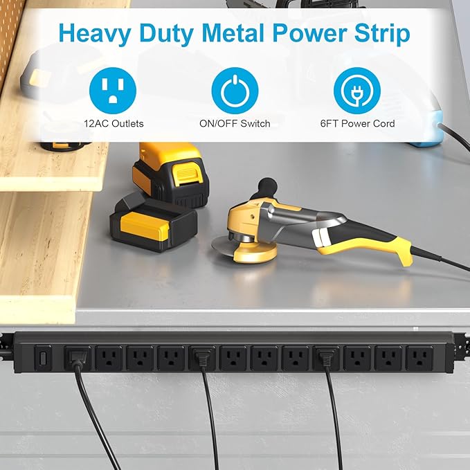 HHSOET 360° Rotating 12 Outlet Mountable Power Strip, Aluminum Alloy Long Power Strip,1200J, Heavy Duty Wall Mount Surge Protector with Switch, 6ft Power Cord.