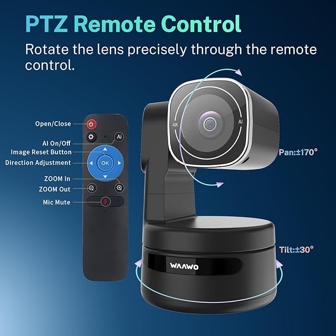 WAAWO USB C Webcam PTZ Webcam, 4K Streaming Web Camera with Folded Bracket, 3X Digital Zoom with Remote Control, One Click Mute for Privacy Protection, Works with Zoom,OBS,TikTok,YouTube,etc