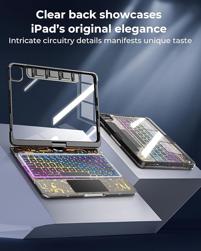 TSQQST Clear Wireless Keyboard Case for iPad (A16) 11th Generation 11-inch 2025/ iPad 10th Generation 10.9-inch 2022 with Pencil Holder & Multi-Touch Trackpad, 7-Color Backlit, 360 Rotatable, Black