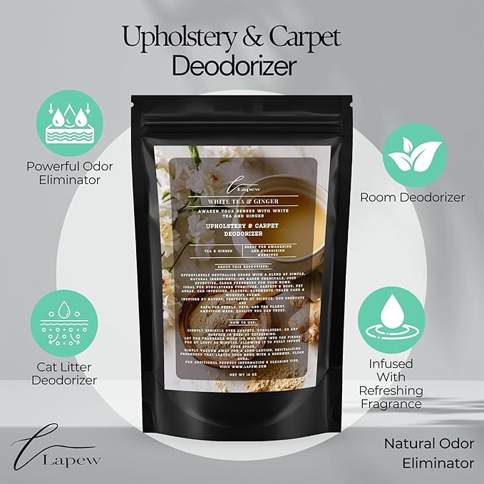 Lapew White Tea & Ginger Scented Cleaning Bundle | Carpet Deodorizer Powder (16 oz) & Mop Soap Concentrate (36 oz) | Pet-Friendly Odor Eliminator