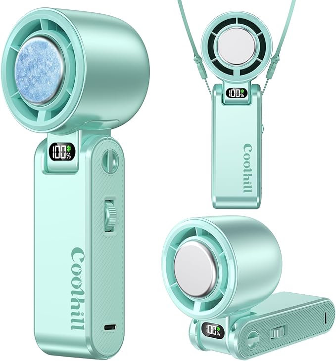 Coolhill Pro Handheld Portable Fan with Ice Cooler: 199-Speed 5500mAh Rechargeable Handheld Fan, 12H Time Hand Cooling Personal Fans with 20000 RPM Air Turbo Tech for Travel Outdoor (Green)