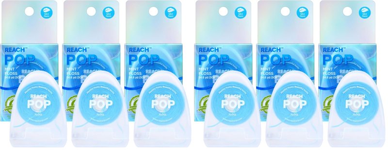 REACH POP Dental Floss, Mint, Plaque Remover for Teeth, Shred Resistant, Vegan Wax, Cruelty Free, Eco Friendly Packaging, Oral Care, PFAS Free, for Adults & Kids, 6 Pack, 54.6 yd