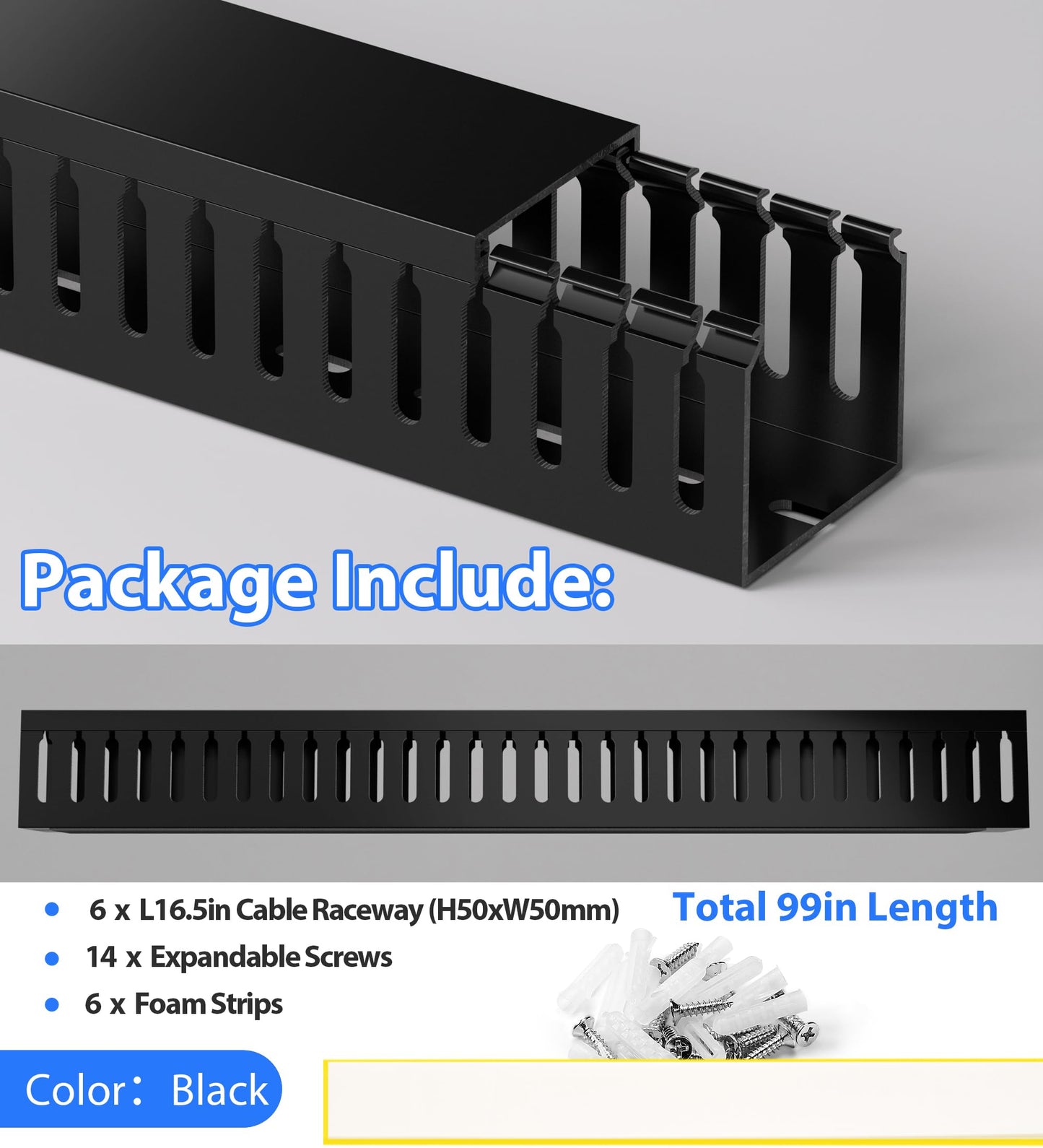 ZhiYo 2 x 2in Professional Server Rack Cable Management Raceway, 99in (6X L16.5in) Cable Raceway Kit, Electrically Safe PVC Open Slot Wire Raceway for Under Desk/Computer/Network Cords, Black