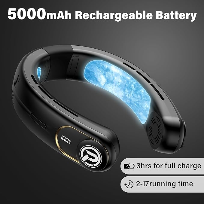 Neck Air Conditioner, 3-Speed Portable Neck Fan with Ice Cooler, 5000mAh Rechargeable Battery Operated Personal Air Conditioner, Hands-Free Bladeless Neck Fan for Sports Travel Outdoor Indoor
