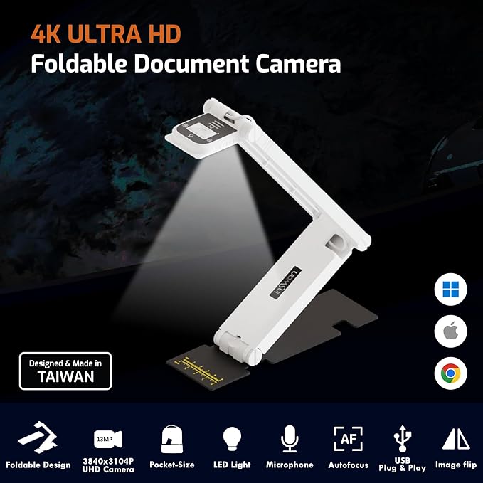 INSWAN INS-Flip 4 USB Foldable 4K Document Camera - Mac, iPad, Windows, Chromebook Compatible for Distance Learning,13MP, Auto Focus, LED, Mic, Portable 0.67lbs, Support Interactive Whiteboards, White