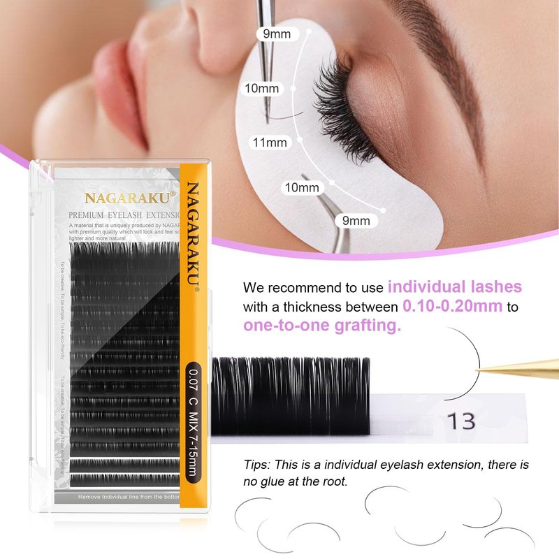 NAGARAKU Eyelash Extensions Classic J B C D N LC LD L DD CC LB Curl 0.03-0.20 Thickness 5-17mm, Matte Black Individual Lashes Professional Supplies for Lash Techs (0.07-L 7-15mm Mix 5 Trays)