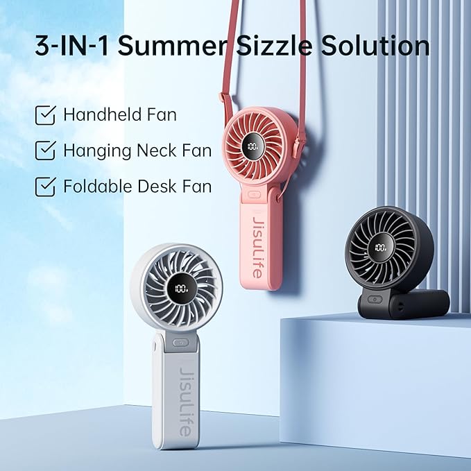 JISULIFE Handheld Fan Life7 – Ultimate Flexibility: Wide & Strong Airflow, 19.5H Max Cooling, 5000mAh Rechargeable, 5-Speed, LED Display, 3 IN 1 Portable Fan for Travel, Concerts, Sports Events(Pink)