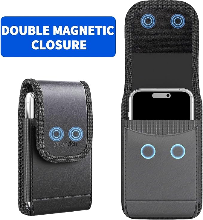 Magnetic Closure Holster for iPhone 17 Pro, 17 Air, 17e, 17, 16 Pro, 16e, 16, 15 Pro, 15, 14 Pro, 14, 13 Pro, 13, 12 Pro, 12 - Vertical Leather Nylon Belt Case Pouch (Fits Slim Case on) (Medium)
