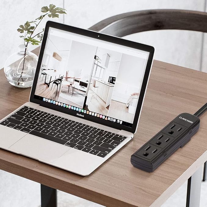 Power Strip with Flat Plug - 3 Ground Sockets 7 Inch Heavy Duty Braided Extension Cord Flat Plug Mountable Socket Strip for Computer/Home/Office