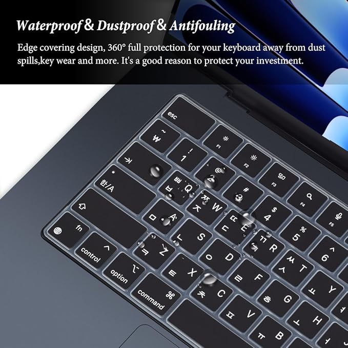 Korean Keyboard Cover for Apple 2026 2025 2024 2023 MacBook Air Laptop with M5 M4 M3 M2 chip 15.3-inch A3448 A3241 A3114 A2941,MacBook Air 13.6 inch A3449 A3240 A3113 A2681 Skin Protector-Black