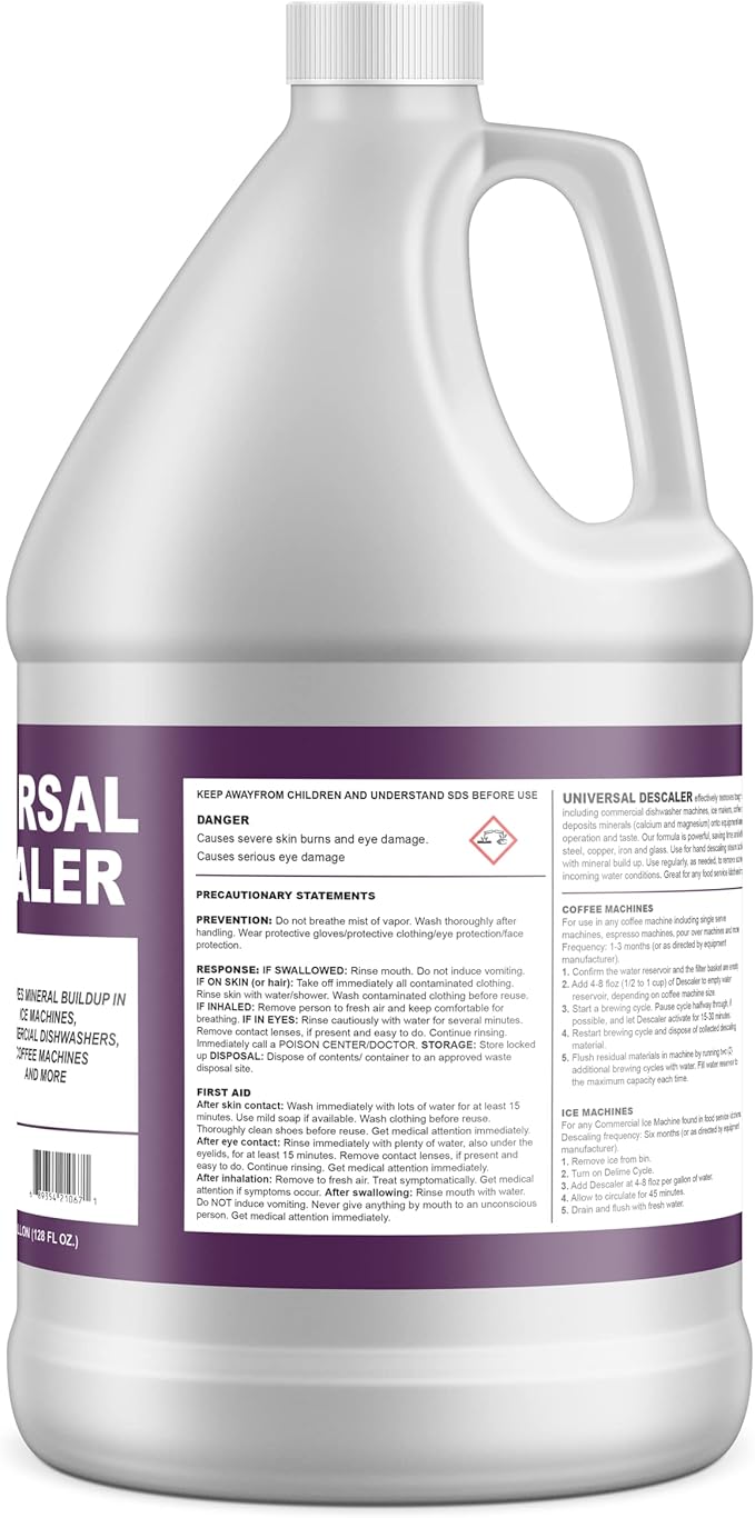 Universal Descaler - 4 Gallon - Commercial Grade Delimer for Dishwasher - Ice Machine Cleaner and Coffee Pot Descaler - Steam Tables - Hand Descaling
