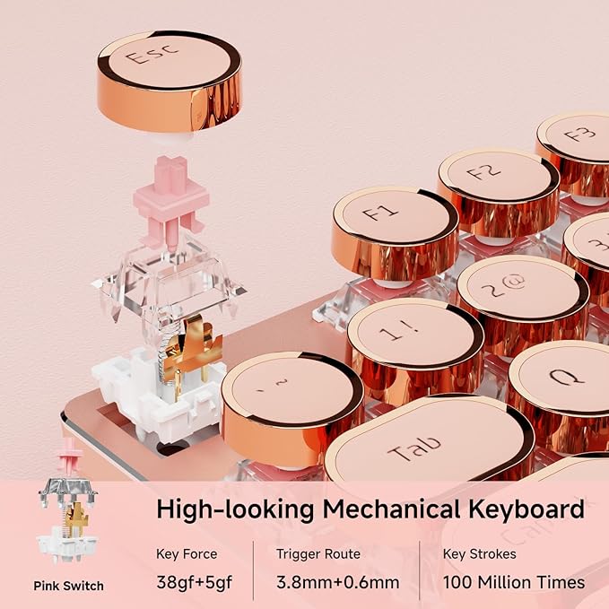 SEUNKWANG EWEADN Wired Typewriter Mechanical Keyboard, Low Noise Pink Switch Retro Punk Keyboard with Media Knob, White Backlit, Metal Panel, 104-Key Round Keycaps Cute Keyboard for Windows PC- Pink