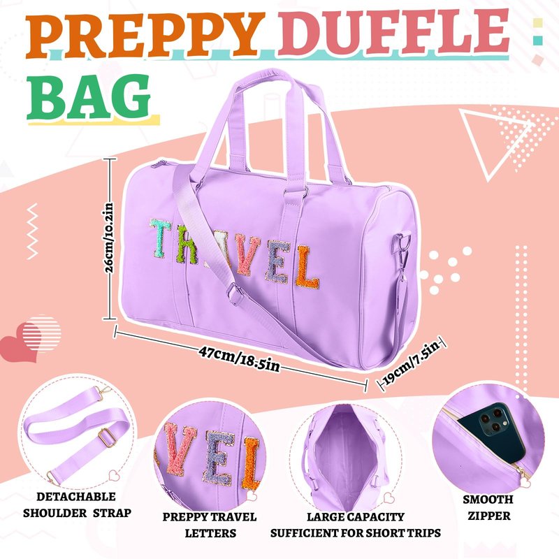 Shinylin 2 Pcs Travel Preppy Duffle Bag and Chenille Letter Makeup Pouch Cosmetic Zipper Patch Weekender Carry on Tote Bag for Women(Light Purple)