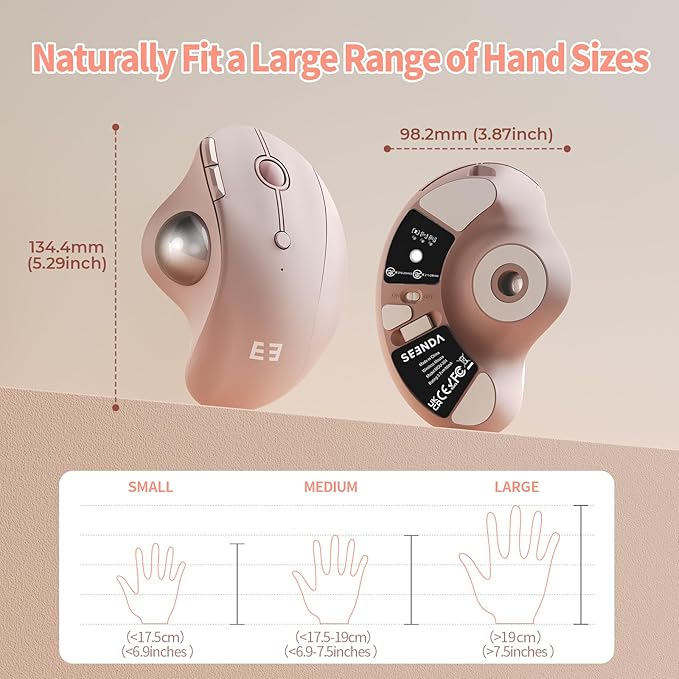 seenda Wireless Trackball Mouse, Ergonomic Bluetooth Rollerball Mouse Rechargeable, 3 Device Connection Optical Mice Adjustable DPI Thumb Control Mice Compatible for PC/Laptop/Windows/Mac - Rose Pink