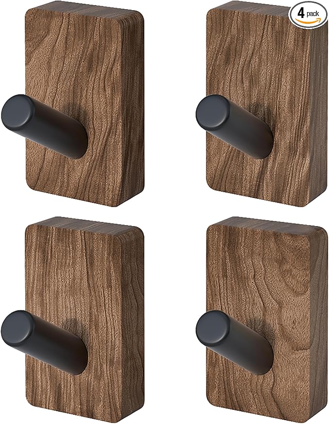 IURRDOP 4 PCS Black Walnut Wood Wall Hooks, Adhesive Mounted & Wall Mounted Rustic Decorative Entryway Hooks, Mid Century Modern Natural Wooden Pegs for Hanging Coat Clothes Hat Bag Purse and Towel