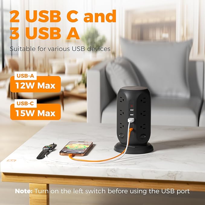 TESSAN Tower Power Strip with Individual Switches, Surge Protector with 12 Outlets, 5 USB Ports(2 USB C), Flat Extension Cord 10 Ft, 1250W, Charging Station for Multiple Devices, Office, Dorm, Black