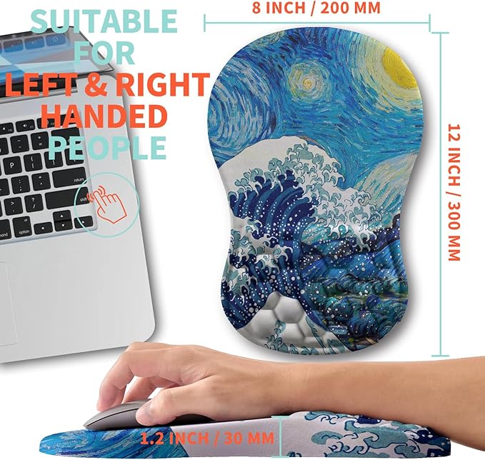 Kuosgm Ergonomic Mouse Pad Wrist Support with Memory Foam Massage Bulge, Carpal Tunnel Pain Relief Mousepad Wrist Rest for Mouse(12x8 inch,Wave Starry)