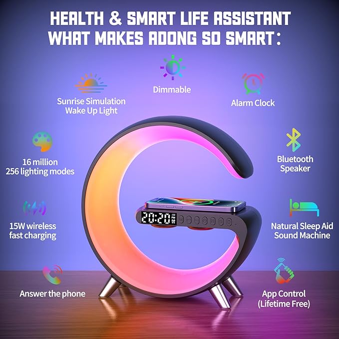 Boenim Smart Table Lamp with 4-in-1 Wireless Charger, Night Light, Bluetooth Speaker, Alarm Clock, App Control, Office, Bedroom, Home Decor (Black)