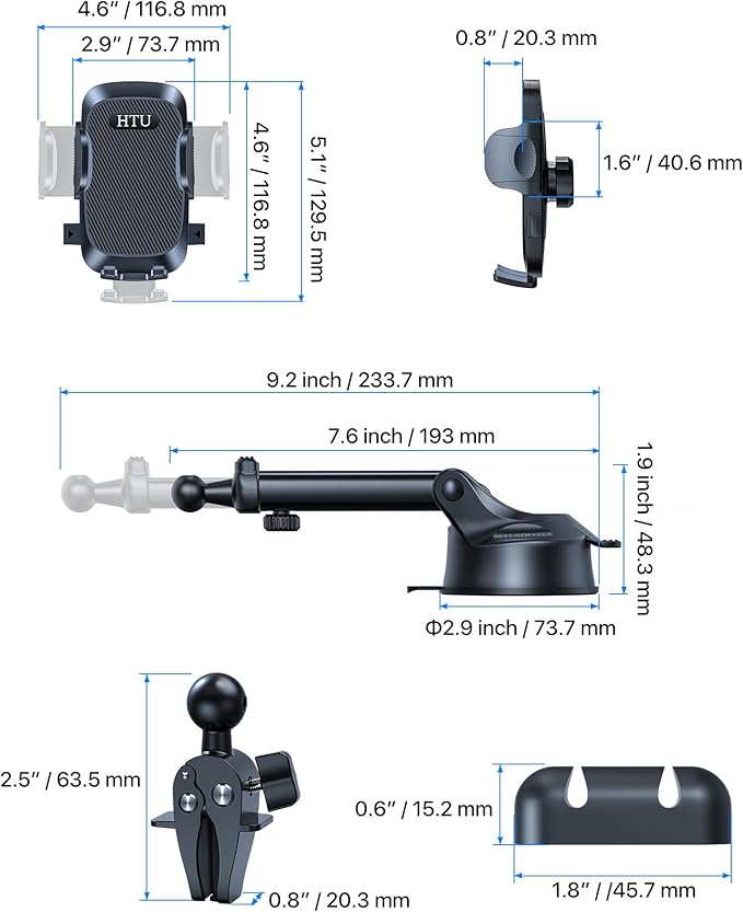 HTU Car Phone Holder【2026 Upgraded 100+LBS Suction & Safety Cert】 Cell Phone Car Mount for Truck Heavy Duty Phone Holder for Dashboard/Windshield/Vent for iPhone 17 16 Pro Max, Dark Black