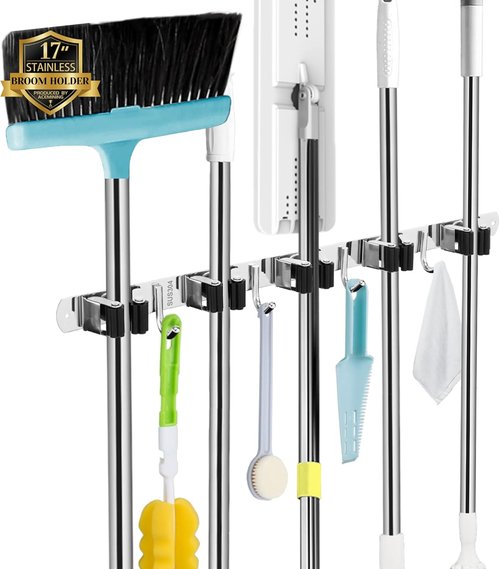 AceMining Wall Mounted Broom and Mop Holder | 5 Racks & 4 Hooks | Heavy Duty Stainless Steel Storage Solution