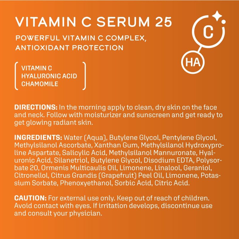 DCL Skincare Vitamin C Serum 25 with Ethyl Ascorbic Acid & Hyaluronic Acid, 1 fl oz