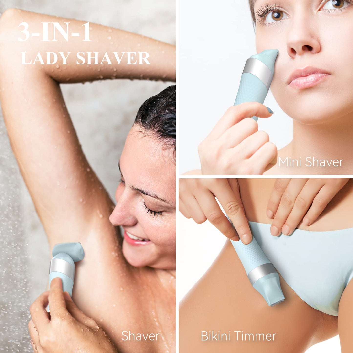 unibono 3-in-1 Electric Razor for Women,Dual-Foil Electric Shaver for Woman Face,Legs,Armpit,Rechargeable Bikini Trimmer,3-,Intimate Shaver with Illumination,Public Hair Trimmer Women (Light Blue)