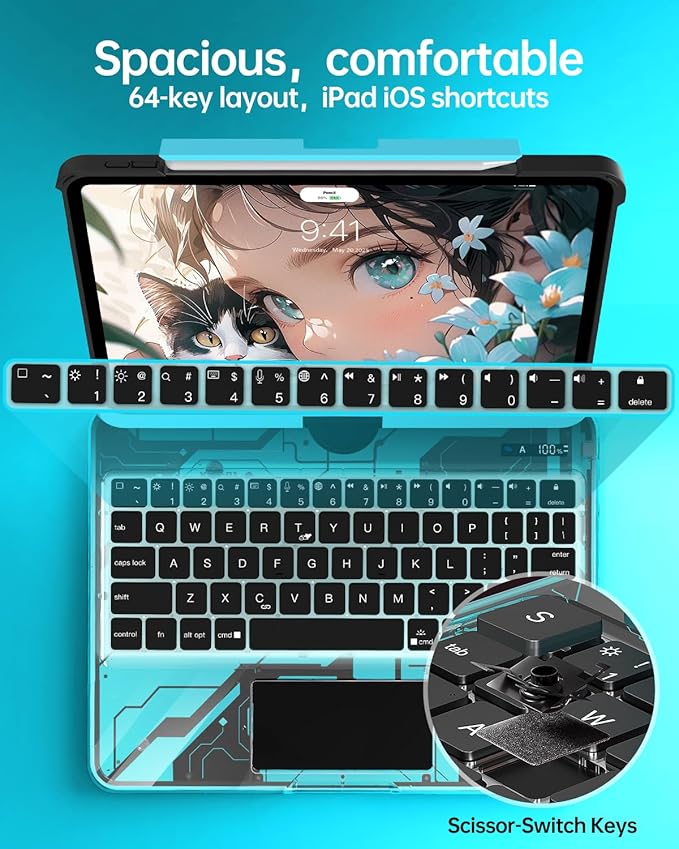 Intermerge Transparent Keyboard Case for iPad Pro 13"(M5,2025/ M4,2024), 360° Swivel Multi-Touch Trackpad, 7-Color RGB Backlit, Pencil Holder, Type-C, Power Indicator, Aqua Pulse